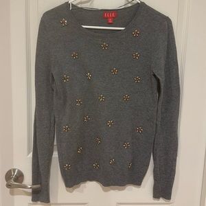 Grey sweater with pink jeweled flowers